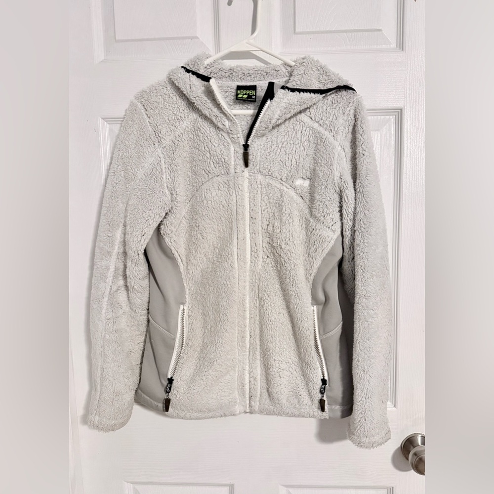 Koppen Brand White and Gray Fleece Hooded Zip-Up Jacket Size M
